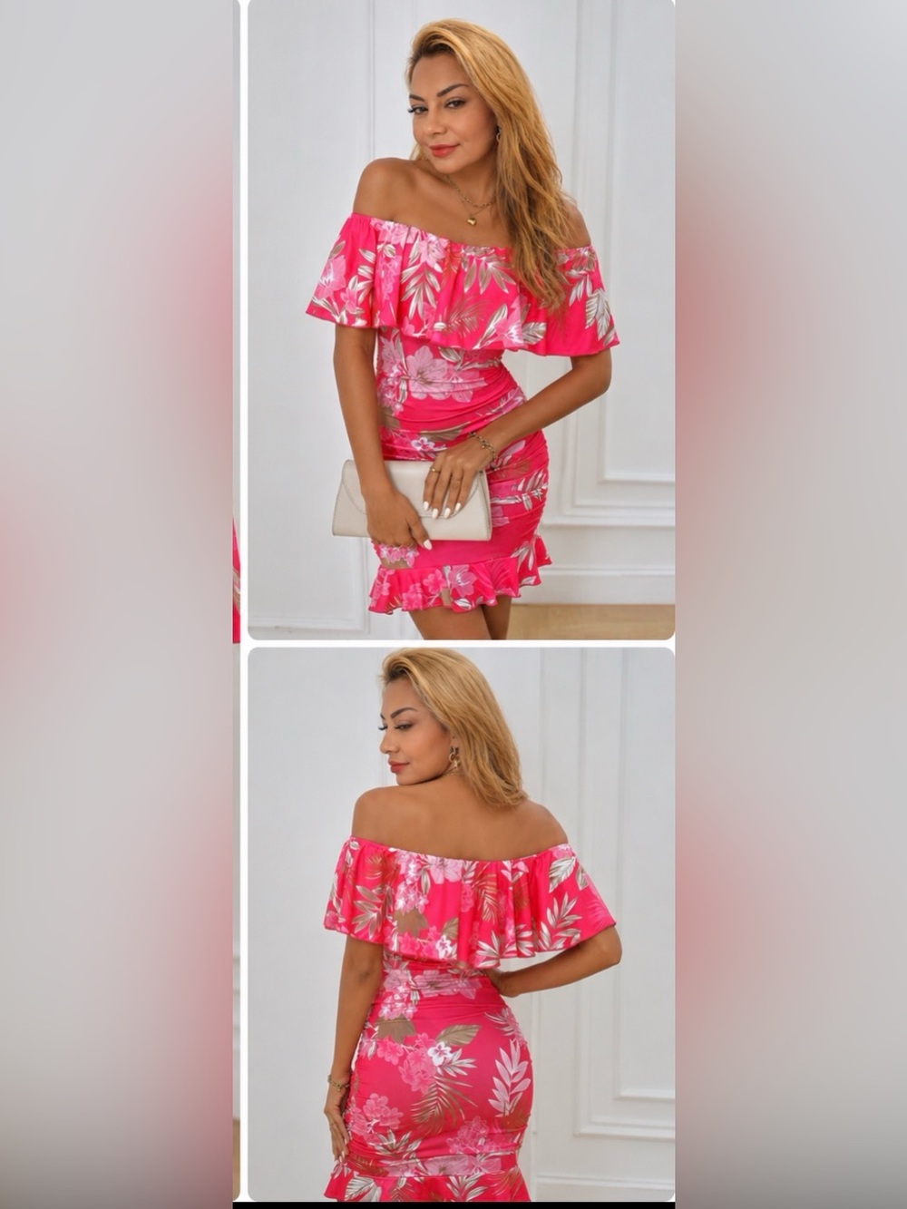 Hot Pink Tropical Off-Shoulder Ruffle Dress
